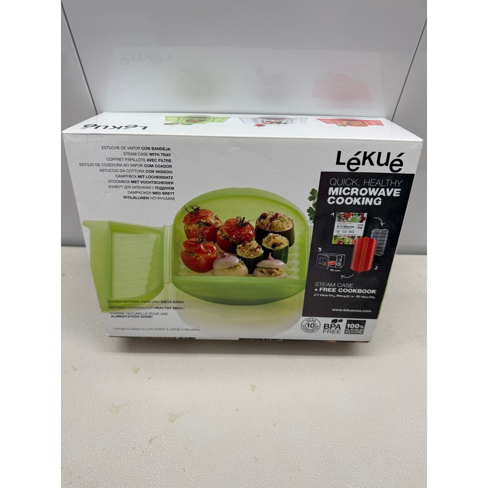 Lekue Steam Case with Tray Lime Green Silicone Microwave Steamer & Cookbook